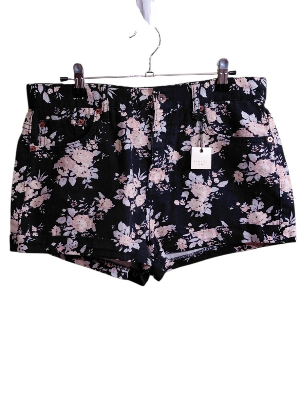 Forever 21 Black Jean Shorts with Pink Floral Print